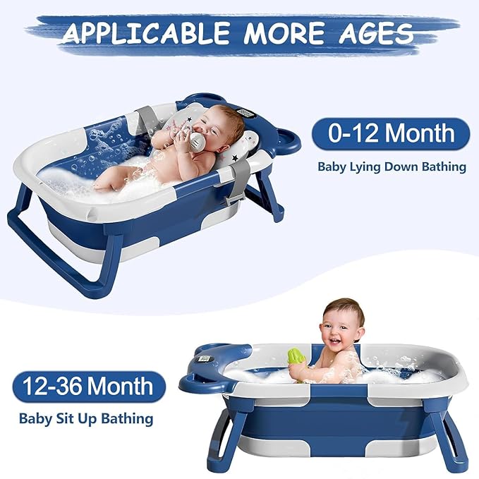 TPN Collapsible Baby Bathtub, Baby Bath Tub with Soft Cushion & Real-Time Thermometer, Baby Bathtub Infant to Toddler Tub (0-36 Months), Portable Newborn Travel Bath tub