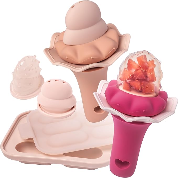 Moonkie Baby Fruit Feeder with Freezer Tray, Breastmilk Popsicle Molds for Teething Relief, BPA Free Silicone Food Feeder for Infant Self Feeding, Two Pouches, Baby Shower Gifts 4 Months+, 2 Pack