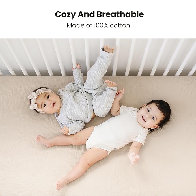 Konssy Muslin Crib Sheets for Girl Boy, 2 PCS Soft and Breathable Cotton Baby Sheets for Standard Crib Mattress, 52"x 28" (Green, Cream)