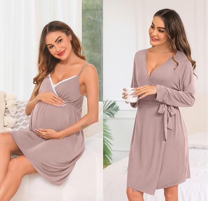 SWOMOG Womens Maternity Robe 2 Piece Nursing Nightgown for Breastfeeding 3 in 1 Labor Delivery Nursing Dress Lace Bathrobe