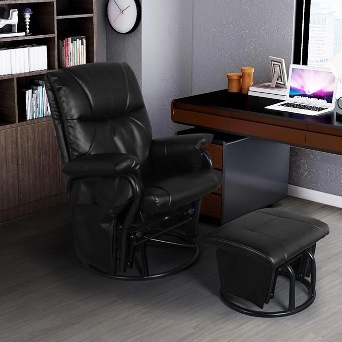 AODAILIHB Glider Chairs Rocking Chair with Ottoman 360° Swivel Chair PU Leather Upholstered Armchair Lounge Chair Sliding Chairs Set (Black)