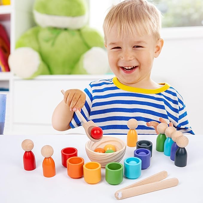 Montessori Wooden Balls in Cups, Toddler Color Sorting Toys and Matching Game, Preschool Learning Activities Educational Fine Motor Skill Toy for Kids