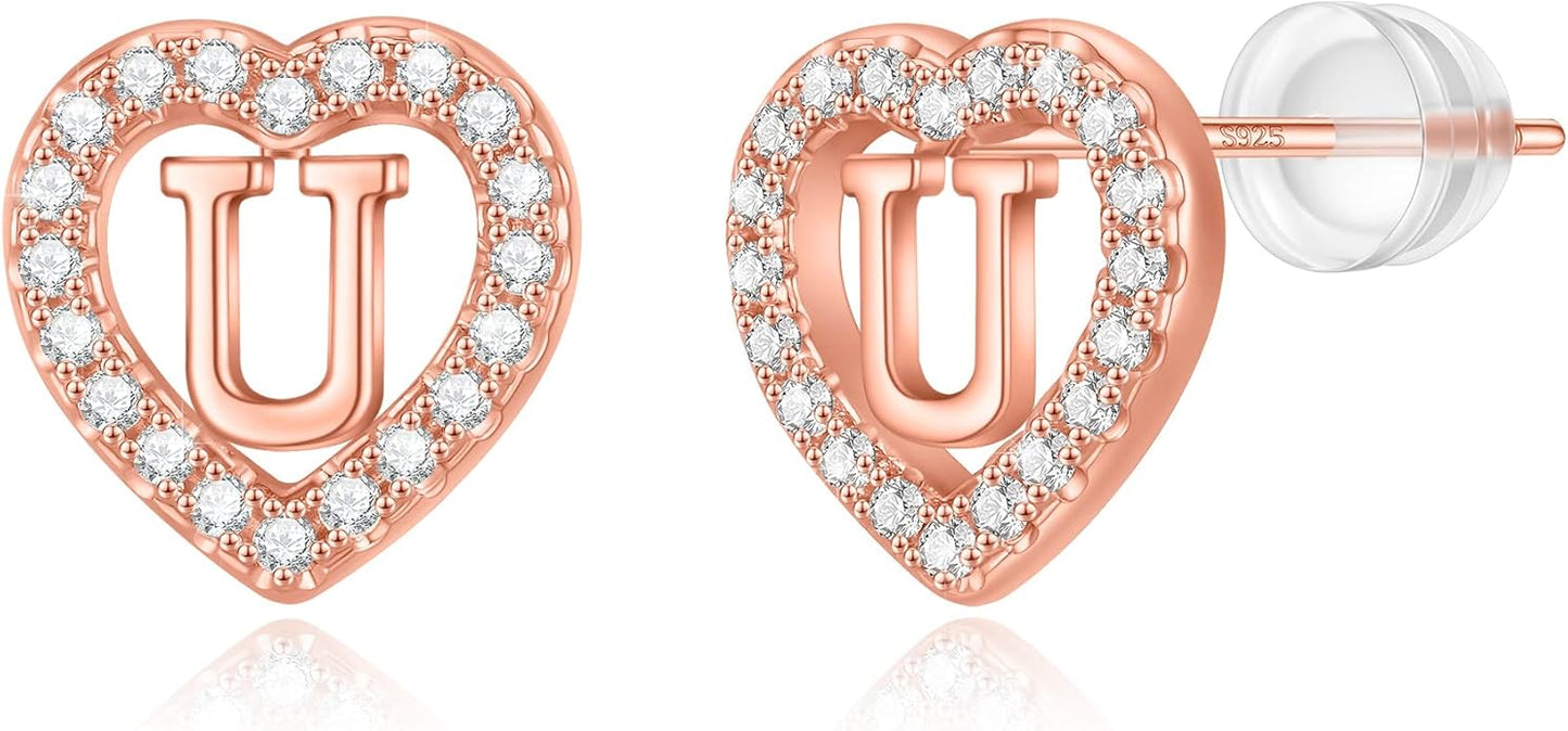 Initial Heart Earrings for Girls, Sterling Silver Post Silver/Rose Gold Heart Initial Stud Earrings for Little Girls Kids Baby Earrings Non Tarnish Hypoallergenic Earrings for Teen Girls Gifts Jewelry