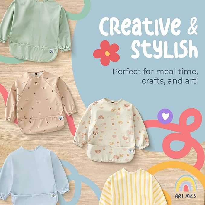 ARI MES Long Sleeves Waterproof Baby Bibs for Eating - Rainbows, Large- Wearable, Coverall for Toddler, Long Sleeve Bib, Smock Apron for Feeding - Applicable for 6-72 Months