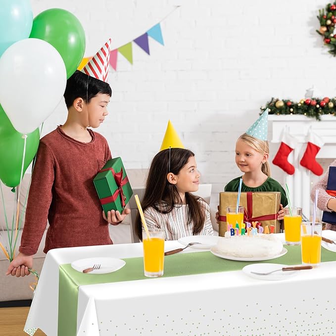 8Pack Plastic Tablecloths and Satin Table Runner Set Disposable White and Sage Green Dot Table Cloth Green Satin Table Runner for Wedding Birthday Baby Shower Anniversary Holiday Party Decorations
