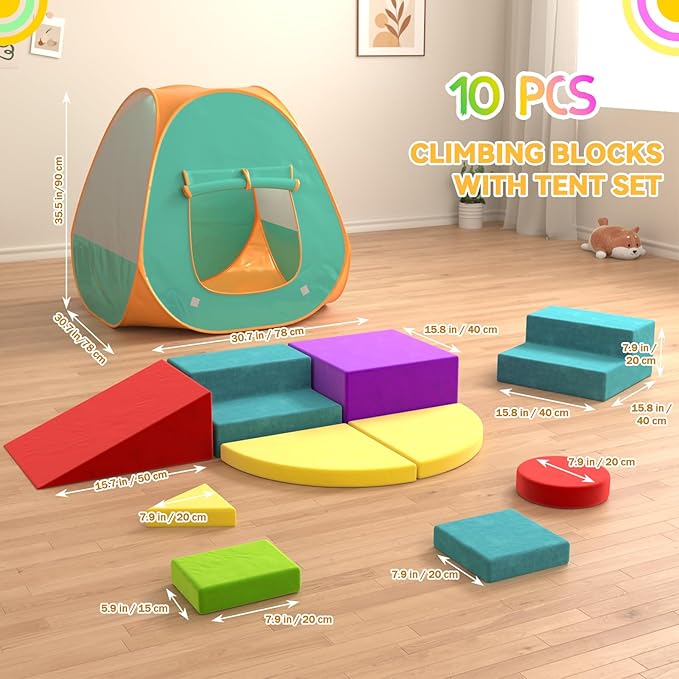 Foam Climbing Blocks with Folding Tent,10 PCS Soft Play Set for Toddlers 1-3, Colourful Toddler Climbing Toys Indoor, Flexible Crawling and Sliding Foam Blocks