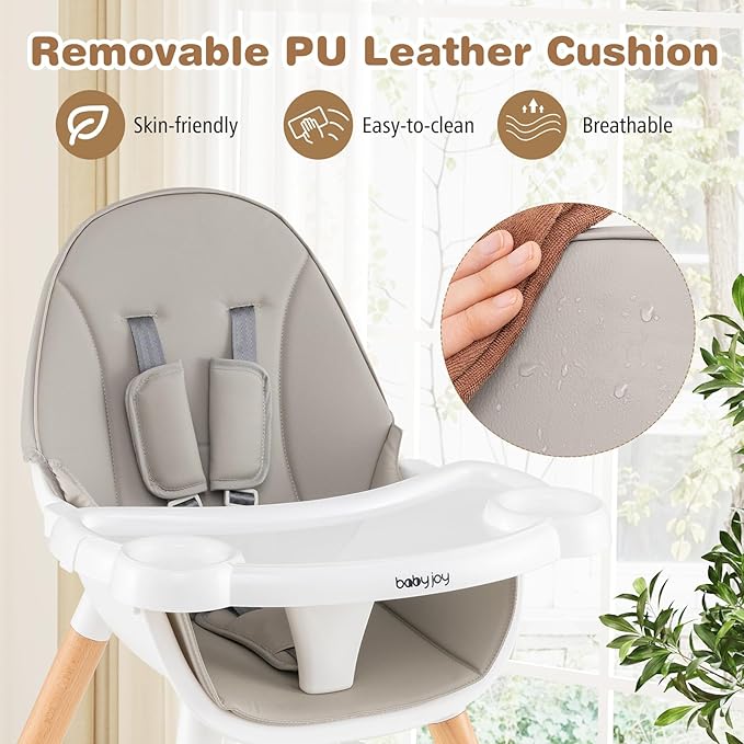 BABY JOY 6 in 1 High Chair, Convertible High Chairs for Babies and Toddlers/Booster Seat/Table and Chair Set, Infant Wooden Highchair w/ 5-Point Harness, 4-Position Removable Tray & PU Cushion (Gray)
