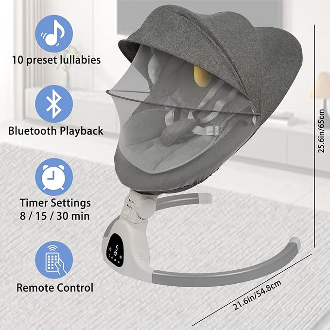Electric Baby Swing for Infants, with Bluetooth Remote Control Timing Function and 10 Music 5 Swing Speeds 3 Seat Positions Baby Bouncer for Boy Girl Indoor & Outdoor Use (Gray)