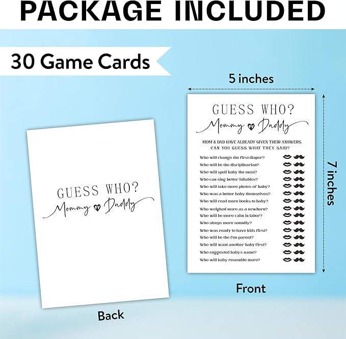 Baby Shower Game Kit - Guess Who Mommy or daddy - 30 Double-Sided Fill in Game Cards for Baby Shower, Gender Reveal Party Favor, Activity & Supplies - A12