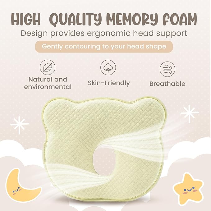 Soft and Breathable Pillow with Memory Foam and Bear Design (Soft Yellow)