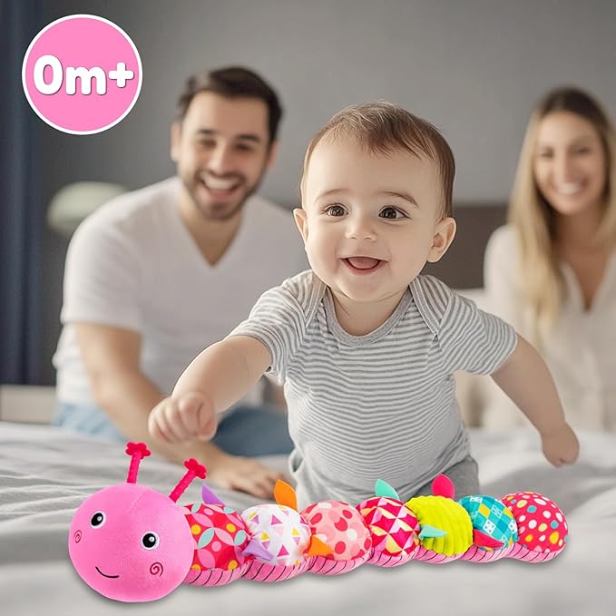 Baby Toys Musical Caterpillar, Infant Stuffed Animal for 0-6 6-12 Months with Crinkle and Rattles, Tummy Time Sensory Toys Newborn Boys Girls Gifts 0 3 6 9 12 Months - Pink