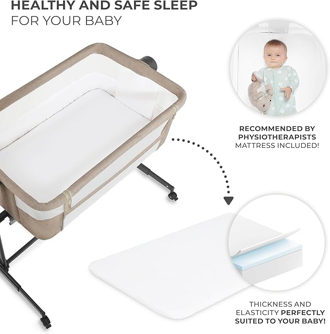 Kinderkraft Neste UP2 Bedside Cot 2 in 1, Co-Sleeper from Birth, Travel Cot for Newborn, Adjustable Height, Included Mattress Sheet, with 4 Wheels, Breathable Mesh, Beige