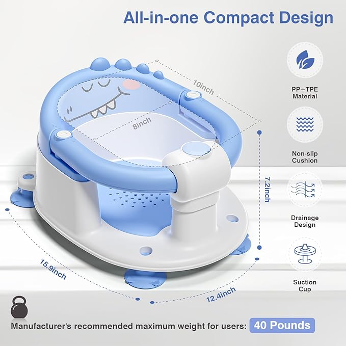 Baby Bath Seat for Babies 5 Months & Up - Non-Slip Bath Seat for Sitting Up with Baby Essentials Kit, Soft Cushion & Compact Design, Toddler Bathtub Seat