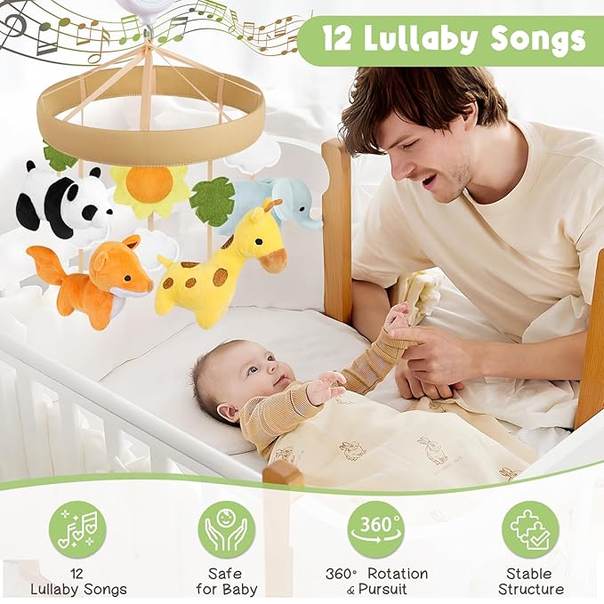 Animals Baby Crib Mobile - Safari Baby Mobile for Crib with 12 Lullabies for Boys & Girls, Baby Mobile for Bassinet for New Borns, Nursery Mobiles, Fits Standard Cribs