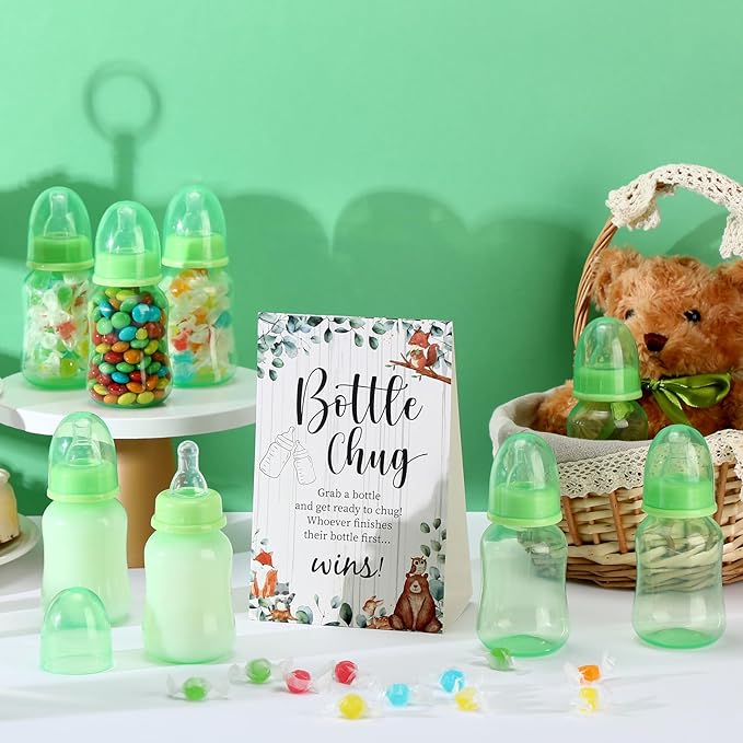 TrelaCo Bottle Chug Baby Shower Game 20 Pcs Baby Bottles Shower Favor with 1 Animal Theme Sign for Gender Reveal Party Supplies Gifts(Transparent Green)