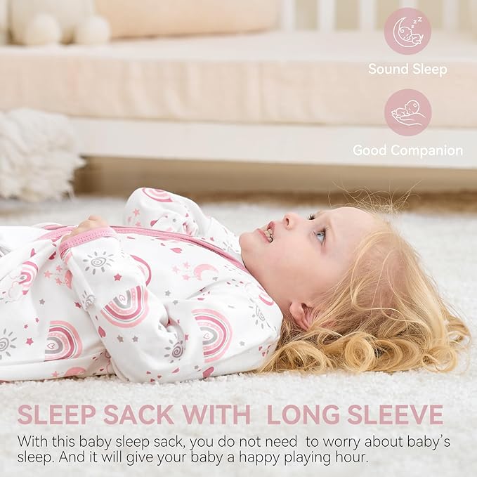 Baby Sleep Sack 12-18 Months, Long Sleeve Baby Wearable Blanket 0.5 Tog with Mittens, 2-Way Zipper Toddler Cotton Sleeping Sack for Boy and Girl Pink Rainbow 2 Pack(Large)