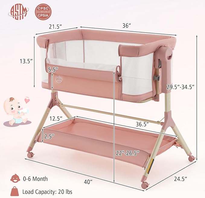 BABY JOY Bassinet, 3 in 1 Rocking Bedside Bassinet w/Storage Basket, Universal Wheels, Adjustable Height, Mattress, Net & Portable Bag, Carriable Crib Baby Bassinets Bedside Sleeper (Pink)