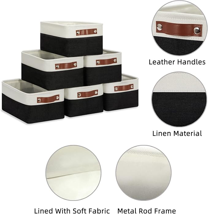 HNZIGE Small Storage Baskets (6 Pack) - Fabric Bins with Leather Handles, Foldable for Organizing (Black&White, 11.8" x 7.8" x 5.1")