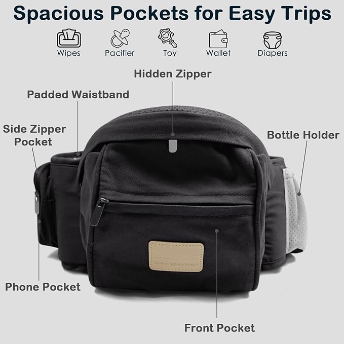 Baby Hip Seat Carrier, Adjustable Waistband with 3D Abdominal Support & Various Pockets Ergonomic Carrier for Newborns to Toddlers up to 33l bs Medium Black