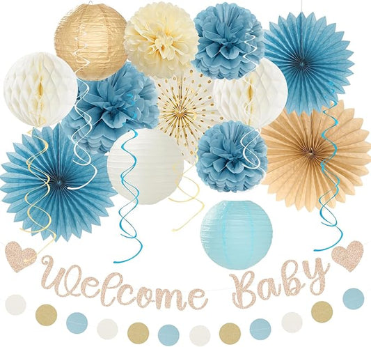 Light-Dusty Blue Boho Baby Shower Party-Decorations - 21pcs Beige Champagne Boy Neutral Welcome Baby Banner Decor,Paper Lanterns Pom Poms Fan Supplies,Streamers Garland Wall Backdrop Favors Huglony
