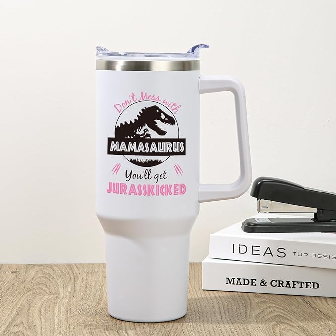 NOWWISH Gifts for Mom, Mamasaurus Mom Coffee Tumbler, Birthday Gifts for Mom Women Mother-in-Law Wife New Mom, Mothers Day Gift from Daughter - White 40 Oz