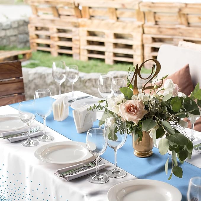 8Pack Disposable Plastic Tablecloths and Satin Table Runner Set White and Light Blue Dot Tablecloth Light Blue Satin Table Runner for Wedding Birthday Baby Shower Engagement Christmas Party Supplies