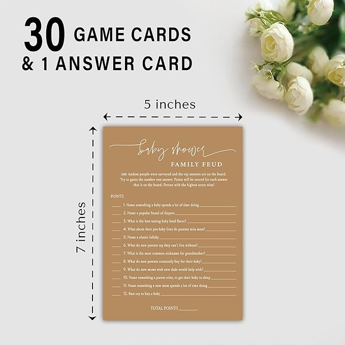 Family Feud Baby Shower Game - Pack of 30 Cards, Answer Key, Gender Neutral Decorations, Feud Game Supplies-06F-Caramel