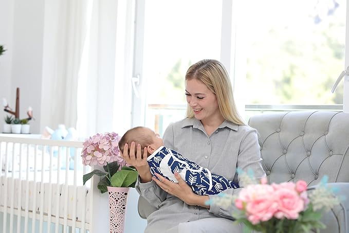 BaeBae Goods Swaddle Blanket, Adjustable Infant Baby Swaddling Wrap Set of 4, Baby Swaddling Wrap Blankets for Boys and Girls Made in Soft Cotton (Navy/Grey Triangles, 3-6 Months)