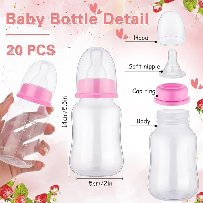 TrelaCo Bottle Chug Baby Shower Game 20 Pcs Baby Bottles Shower Favor with 1 Strawberry Theme Sign for Gender Reveal Party Supplies Gifts(Pink)