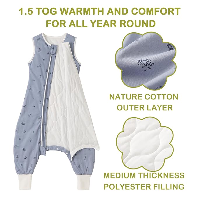 Super Soft 1.5 TOG Sleep Sack with Legs, 100% Organic Cotton Warm Comfy All Season Toddler Sleep Sack with Feet, Ocean, Size M