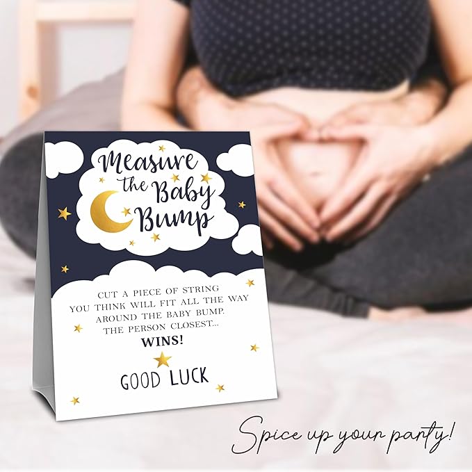 Baby Shower Measure The Baby Bump Game Set - Twinkle Twinkle Little Star - 1 Self-Standing Sign And 50 Tickets - Gender Reveal, Baby Shower, Baby Announcement Activity & Party Favor Supplies - A01