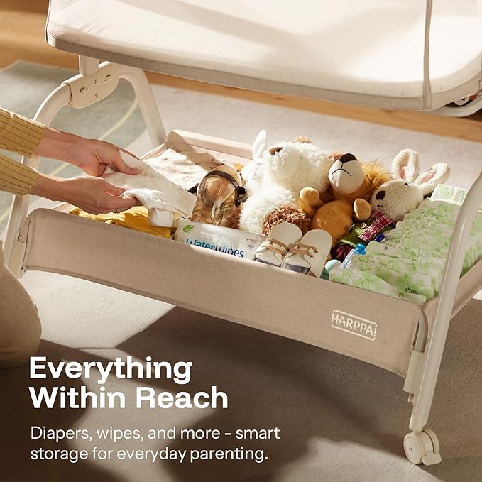 HARPPA Cuddly Bassinet, 2 in 1 Baby Bassinet with Breathable Mesh and Mattress, 6 Height Adjustable, Bedside Sleeper with Anchor Strap, Storage Basket and Wheels, Beige