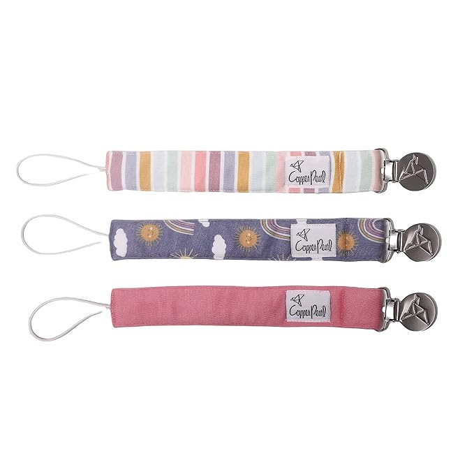 Copper Pearl Premium Knit Pacifier Holders 3-Pack: Stylish Stainless Steel Clips for Baby Girls and Boys - Prevent Floor Drops - Hope