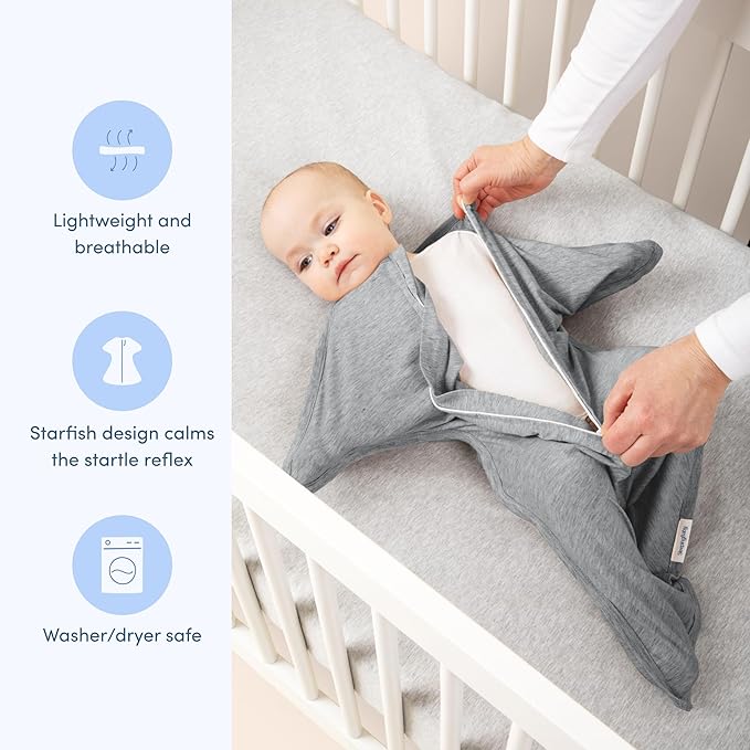 SleepingBaby Zipadee-Zip Transition Swaddle - Cozy Baby Swaddling Blanket with Zipper Convenience - Roomy Wearable Blanket for Easy Diaper Changes - 4-8 Month - Hall of Fame Grey Heather