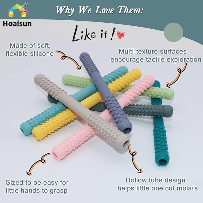Teething Toys 3-6 Months 8 Pack, Silicone Teethers for Babies Nursing, Teething Tubes Sticks for Babies 6-12 12-18 Months, Autism Sensory Toys for Kids Chewing, Biting