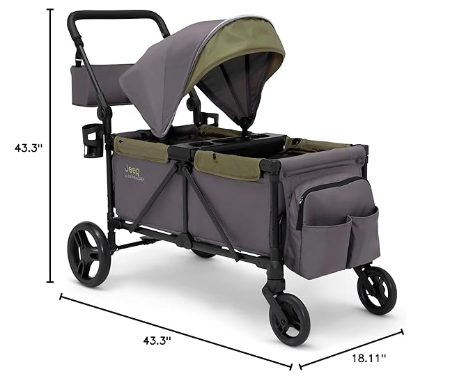Jeep Sport All-Terrain Stroller Wagon by Delta Children - Includes Canopy, Parent Organizer, Adjustable Handlebar, Snack Tray & Cup Holders, Grey/Olive Green