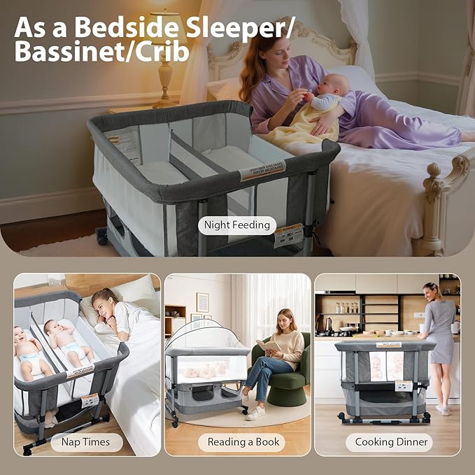 Twin Bassinet for 2 Babies, Double Bassinet for Twins, Rocking Bassinet with Wheels and Storage Basket, Full-Mesh Sides, 5-Height Adjustable, Portable and Stable Baby Crib (Standard Grey)