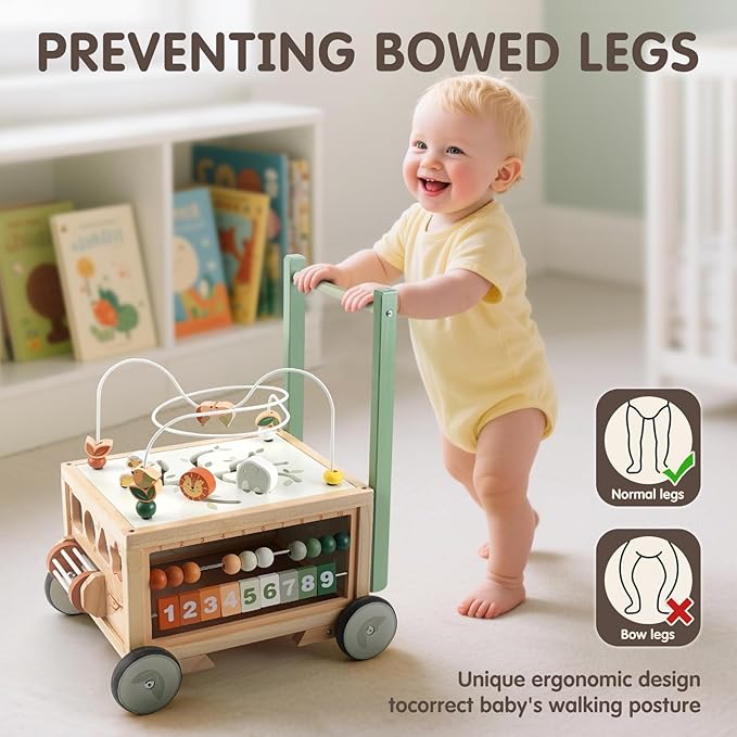 Joyreal Wooden Baby Walker - 9-in-1 Baby Push Walker with Activity Cube, Push Activity Walker for Boys and Girls, Sit-to-Stand Learning Walker Activity Center, Speed & Height Adjustable