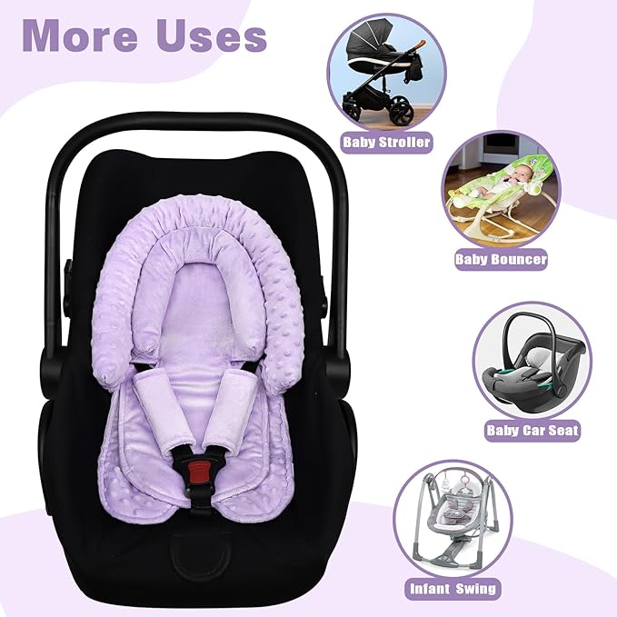 Infant Car Seat Insert, HNHUAMING Baby Car Seat Head & Body Support with 2 Strap Pads, Ultra Soft Newborn Preemie Carseat Insert Cushion for Girls Boys, Fits Car Seat, Stroller, Swing, Bouncer, Purple