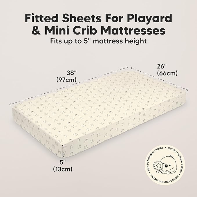 2-Pack Mini Crib Sheets Fitted - 38x26 Pack N Play Sheets for Pack and Play Mattress, Organic Cotton, Soft & Breathable Playard Bedding, Neutral Mini Toddler Bed Cover for Boys, Girls (Bumble Bear)