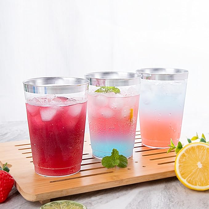 supernal 200pcs Silver Plastic Cups,12oz Clear Plastic Cups Tumblers,Silver Rimmed Cup,Elegant Party Cup,Premium Disposable Cup,Clear Party Cup,Wine Glasses for Party