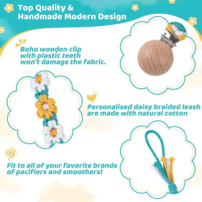 Pacifier Clip for Boys Girls Floral Daisy Macrame Baby Paci Clip Pacifier Holder Leash Boho Wooden Clips Handmade Braided Cotton Binky Clips (1pack:Yellow Daisy B)