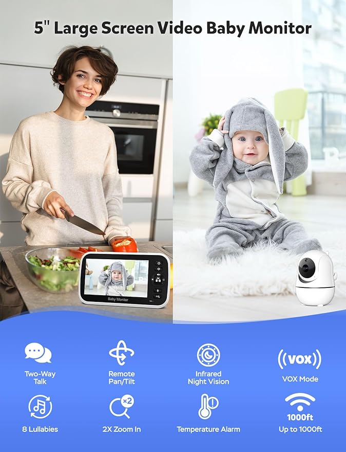 GoodBaby Baby Monitor with Camera and Audio - No WiFi, Remote Pan-Tilt-Zoom, Night Vision, Temperature Sensor, 2-Way Talk, 8 Lullabies, 30-Hour Battery Life,960ft Long Range