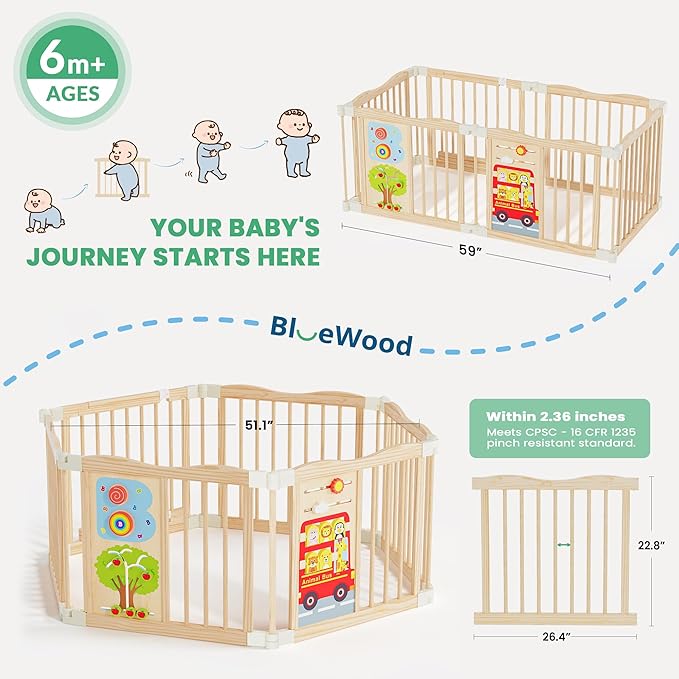 Foldable Wooden Playpen - Adjustable Wood Baby Play Yard with Child-Proof Lock, Indoor Large Safety Fence for Babies and Toddlers - Easy Assembly, 6 Panels with Sensory Toys