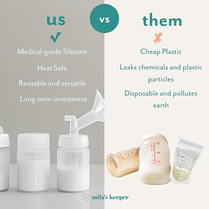 Mila's Keeper Premium Silicone Breast Milk Storage Bottles, for Pumping, Storing and Feeding, Fits Leading Pumps and Nipples, 6 oz Silicone Milk Storage Containers, Wide Neck Aspen White, Set of 3