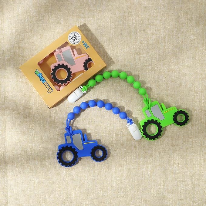 Baby Food Grade Silicone Tractor Truck Teether Toy with One Piece Design Pacifier Clip Holder,Teething Pain Relief Toys Gift Set for 3 Months+ Boys and Girls,Freezer Safe,BPA Free. (Blue)