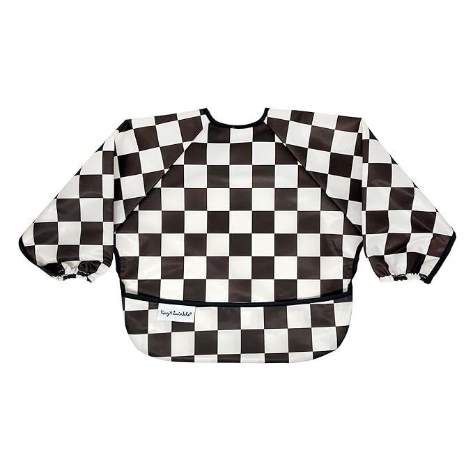 Tiny Twinkle Mess Proof Baby Bib,Waterproof Smock Baby Bib for Eating,Machine Washable Long Sleeve Bib,Baby Led Weaning,Toddler Bib,BLW Supplies(Checkers Black, Large 2-4 Years)