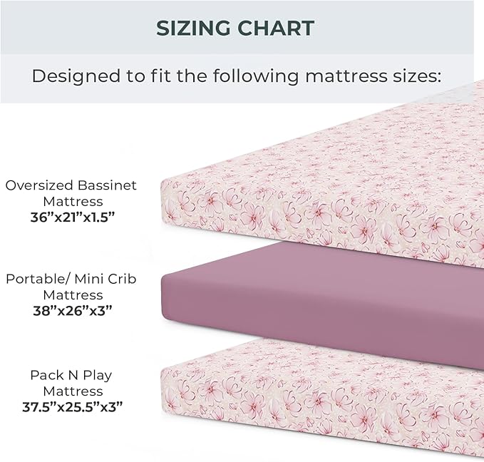 Pobibaby – 2 Pack Pack N Play Sheets and Mini Crib Sheets Fitted, Premium Ultra-Soft Jersey Knit Baby Sheets – Stylish Floral Pattern, Safe and Snug for Standard Playards and Mini Cribs (Blossom)