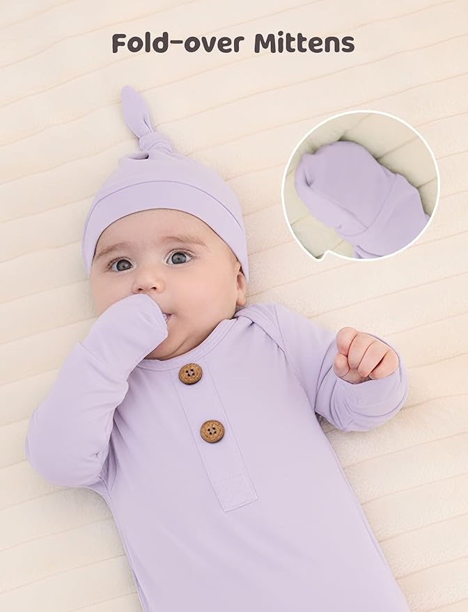 PATPAT Baby Sleeper Gown with Bamboo Viscose for Newborn Girls Boys, Knotted Nightgown with Mittens for Infant Home Coming
