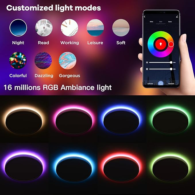 TALOYA Compatible with Alexa Flush Mount Ceiling Light, 12 inch RGB Ambient Light, Day Light 3000K~6500K Adjustable by App, equivs to 200W Traditional lamp for Living Room, Bedroom, 2-Pack